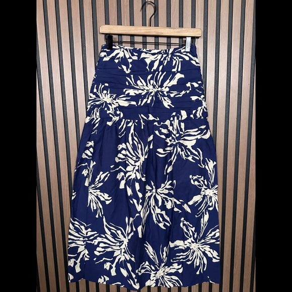 New Zara Skirt XS Womens Blue White Ruched Waist Floral Art Midi